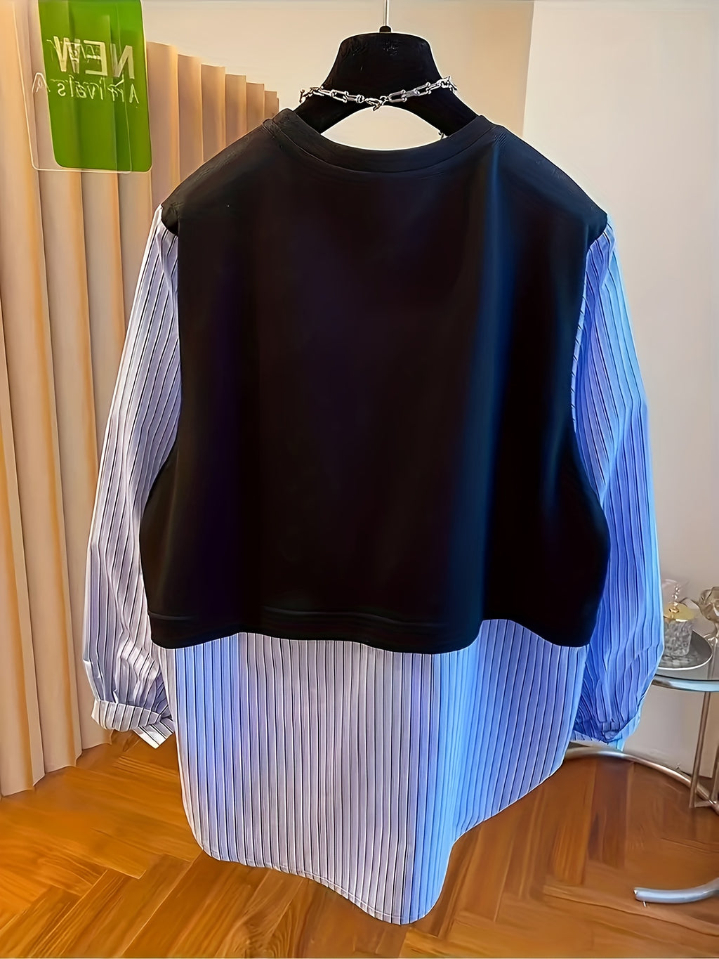 Korean Striped Design Round Neck Sweatshirt Women'S Early Spring New Faux Two-Piece Patchwork Shirt - Multicolor