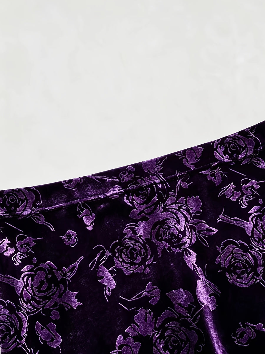 Elegant Velvet Three-Dimensional Rose Embossed Mermaid Skirt, Baita Fashion Dress - Purple
