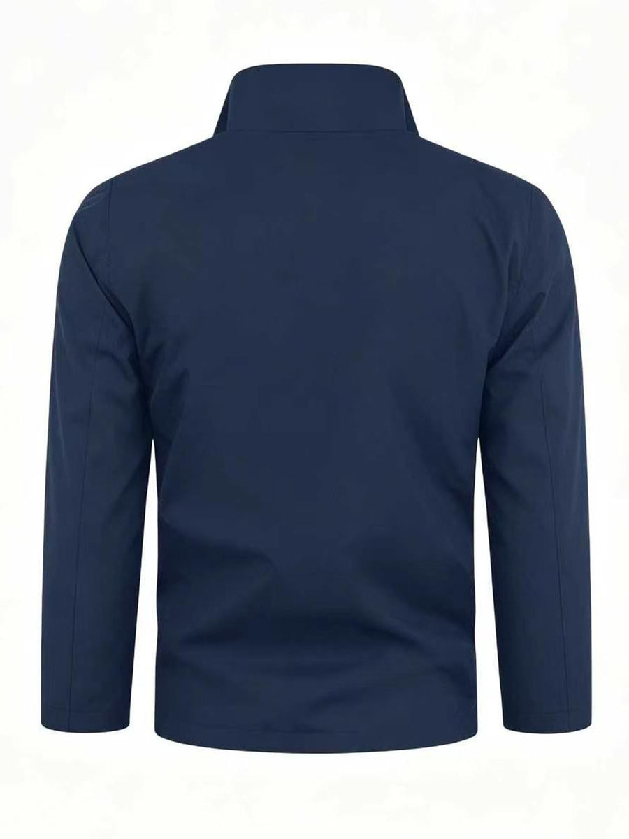 Outdoor Windproof Jacket with Maple Leaf Print, Softshell Fabric, Men'S Casual Hiking Coat, One-Piece Design - Navy Color