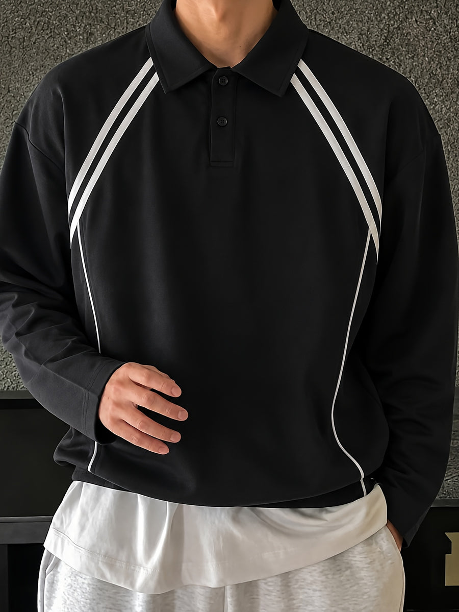 American Retro Sport Style Lapel Sweatshirt, Striped Color-Block Design Men'S Casual Loose Long Sleeve T-Shirt Pullover - Black