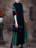Long Sleeve Stripe Knit Dress, Elegant Mock Neck Loose Ankle Length Dress For Fall & Winter, Women's Clothing - Black
