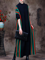 Long Sleeve Stripe Knit Dress, Elegant Mock Neck Loose Ankle Length Dress For Fall & Winter, Women's Clothing - Black