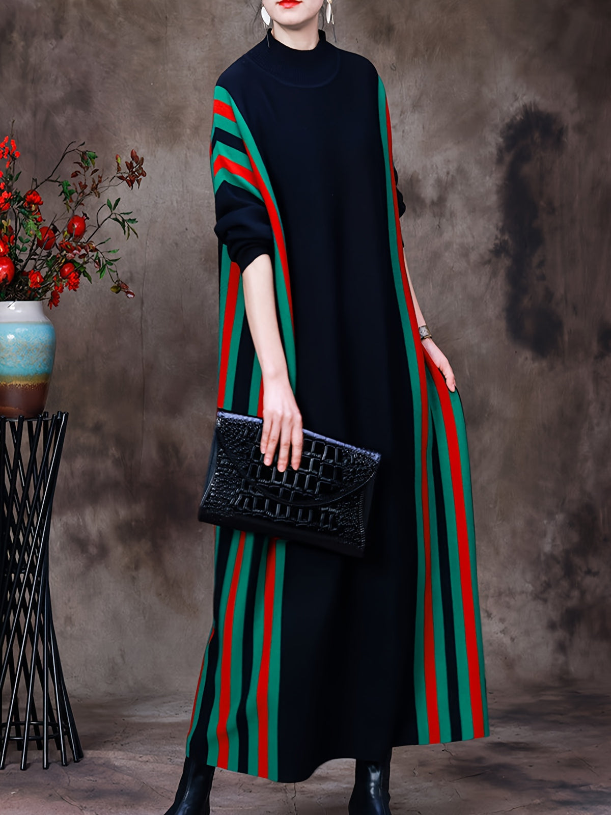 Long Sleeve Stripe Knit Dress, Elegant Mock Neck Loose Ankle Length Dress For Fall & Winter, Women's Clothing - Black