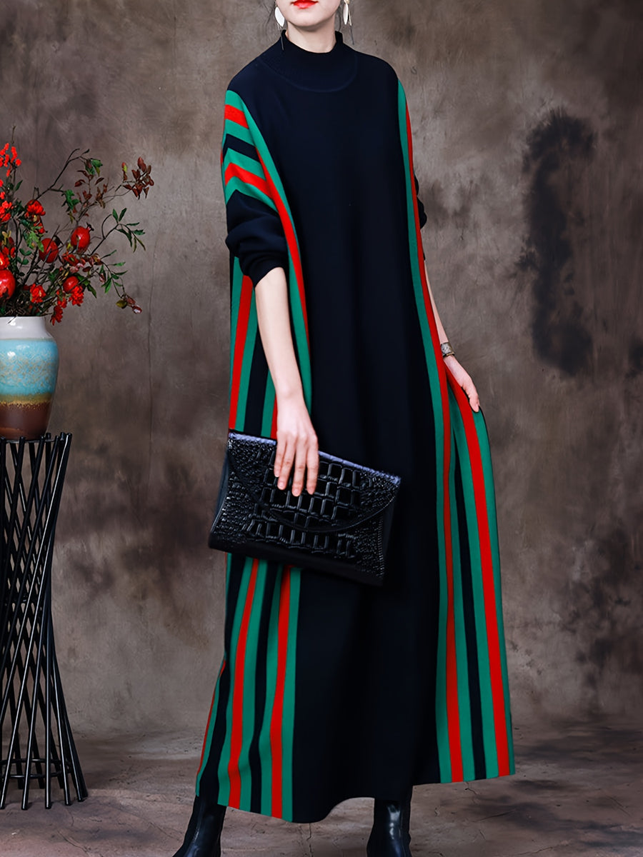 Long Sleeve Stripe Knit Dress, Elegant Mock Neck Loose Ankle Length Dress For Fall & Winter, Women's Clothing - Black