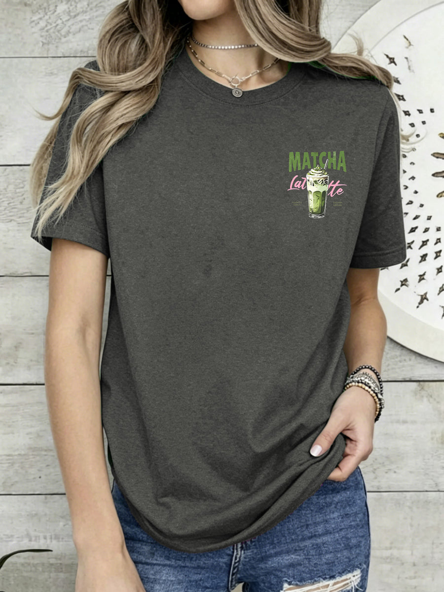 Short Sleeve T-Shirt with Front And Back Panels - Matcha Latte, Japanese Dessert Fashion Print - Women'S Spring Summer Trendy Printed T-Shirt, Fashion Item - Black Gray