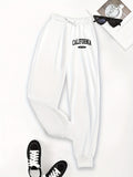 Casual Trousers with a Graphic Design, Featuring an Elastic Waistband, Suitable for Women - White