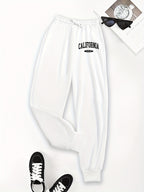 Casual Trousers with a Graphic Design, Featuring an Elastic Waistband, Suitable for Women - White