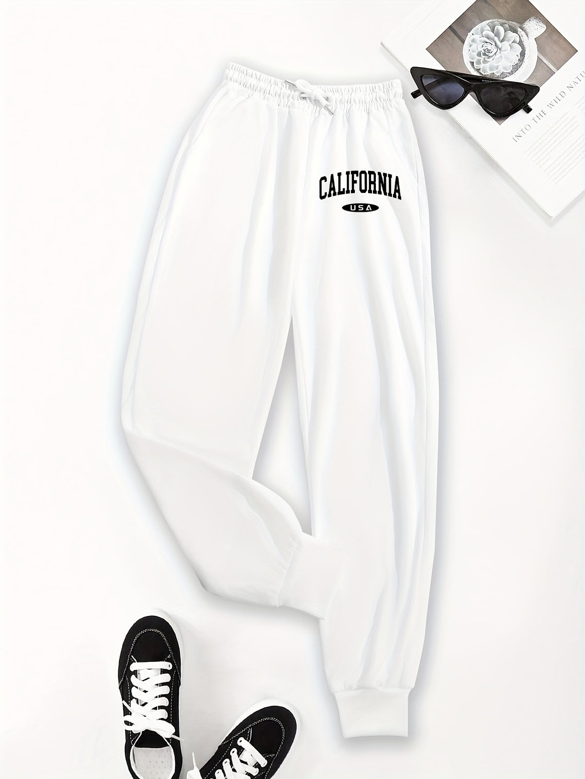 Casual Trousers with a Graphic Design, Featuring an Elastic Waistband, Suitable for Women - White