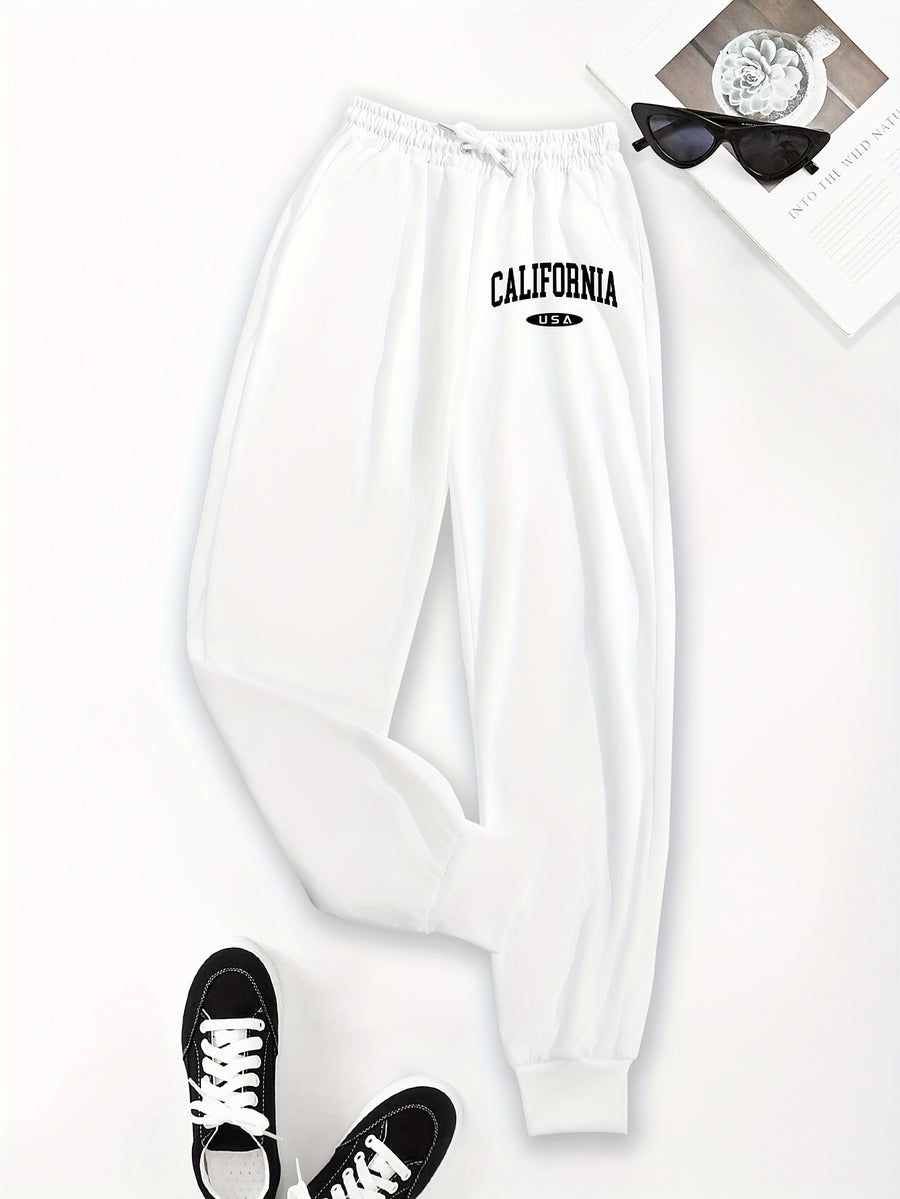 Casual Trousers with a Graphic Design, Featuring an Elastic Waistband, Suitable for Women - White