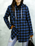 Women's Casual Long-Sleeve Lapel Shirt, Long Plaid Hooded Shirt with Drawstring Hood, Practical Chest Patch Pocket, Button Closure, Front Placket Design, Vintage Casual Style - Blue Black Grid