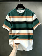Printed Design, Non-textured Men's Casual Crew Neck T-shirt, Striped Color-block Pattern, Drapey and Stylish Top, Suitable for All Seasons, Breathable Regular Fit for Daily and Formal Wear - Crew Neck Casual Top, Comfortable to Wear, Pockets - Mixed colors