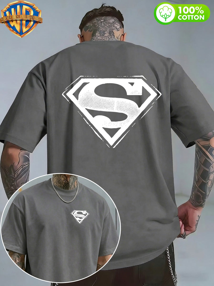 1pc WB Warner Bros. Official DC Superman Icon T-Shirt - Men's & Unisex Vintage Print, 100% Cotton Loose Fit Short Sleeve Tee with Superman, Casual Round Neck Shirt Suitable for Gym, Office, Daily Wear - Father's Day Gift for - Dark Gray