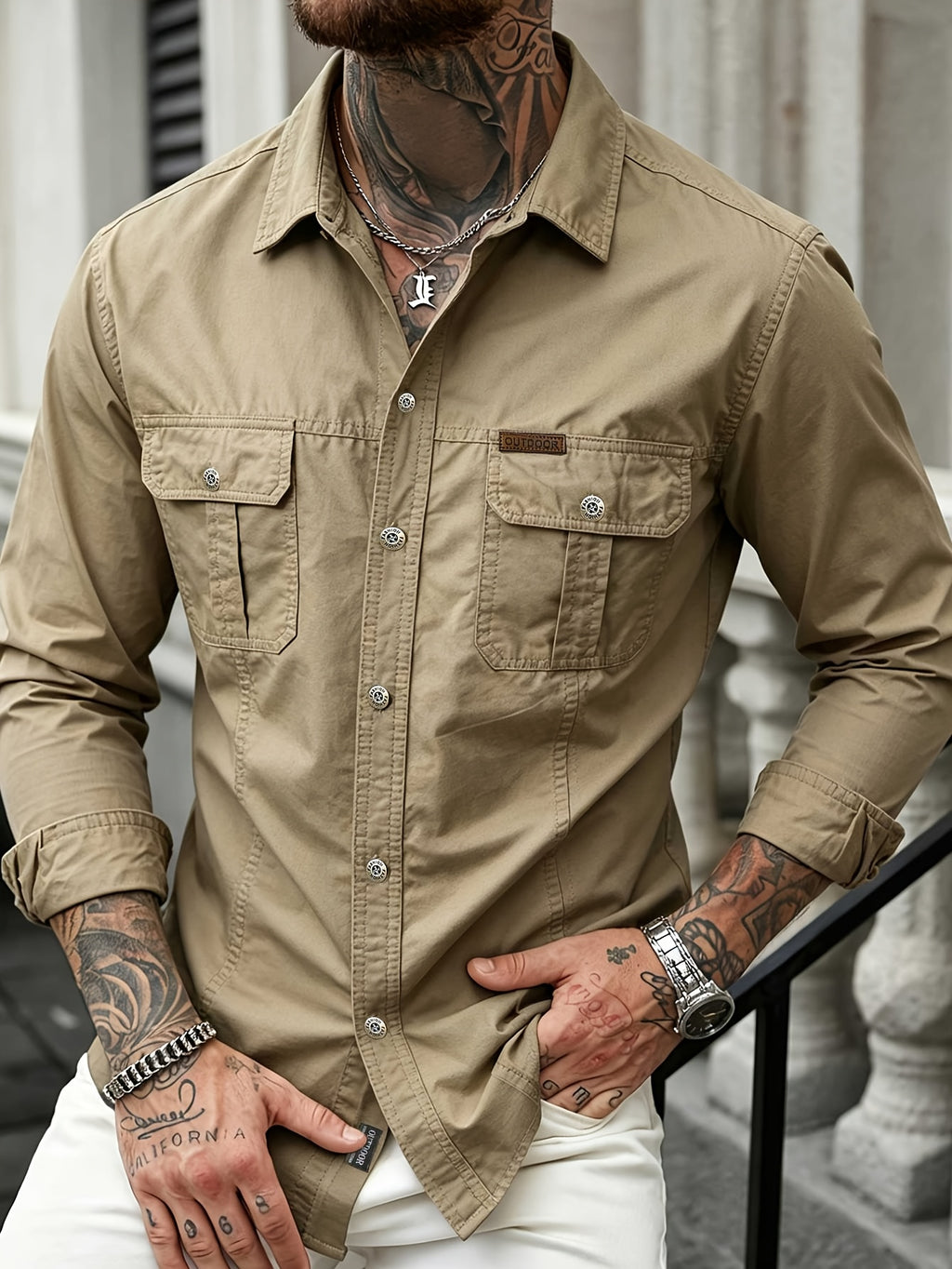 Men'S Autumn/Winter Casual Long-Sleeve Shirt, Quick-Dry Top T-Shirt, Fashionable And Versatile Men'S Clothing, Suitable for Daily Work, Shopping, Travel, Vacation, Or Leisure Activities. It Can Also Be Given As a Gift to Others - Khaki