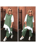 Plus Size, Plus Size Ethnic 2pcs Outfit, Color Block Spliced Mid-length Top + Pleated Cuff Harem Pants, Breathable Imitation Casual Set - Green