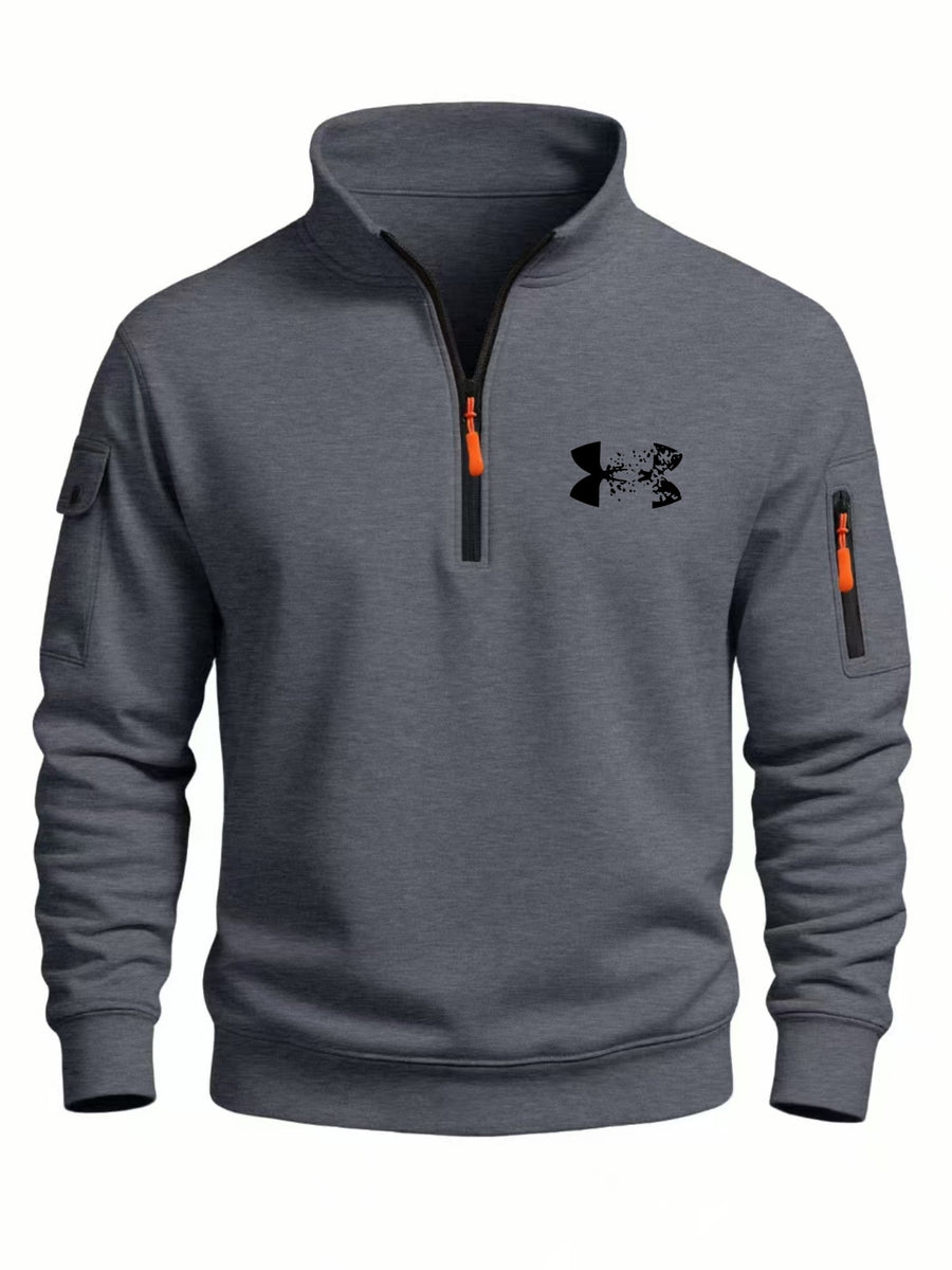 2026 Autumn/Winter New Men's Stand Collar Half-Zip Sweatshirt, Distressed Print, Workwear Style Multi-Pocket Design, Wear-Resistant and Wrinkle-Resistant Fabric, Sleek Cut Without Bulk, Combining Workwear Practicality with Casual Attire Adaptability - Dark Gray