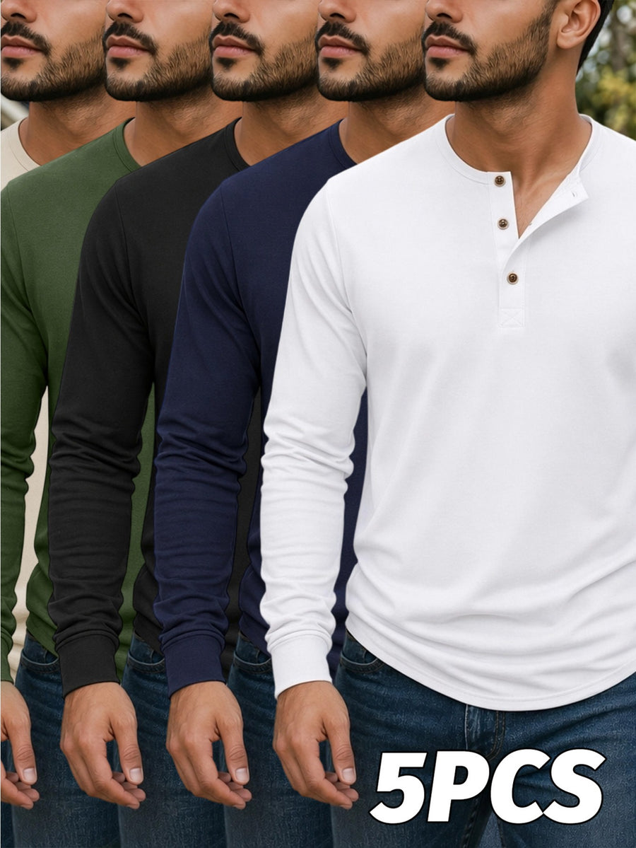 Men'S Classic Retro Henley Long Sleeve T-Shirt 5pcs, American Casual Solid Color Half-Button Up Top, Spring Fall Winter Men'S Comfortable Versatile Base Layer 5pcs, Suitable for Commuting, Business, Casual, Outdoor Activities, Travel - White+navy blue+black+green+khaki