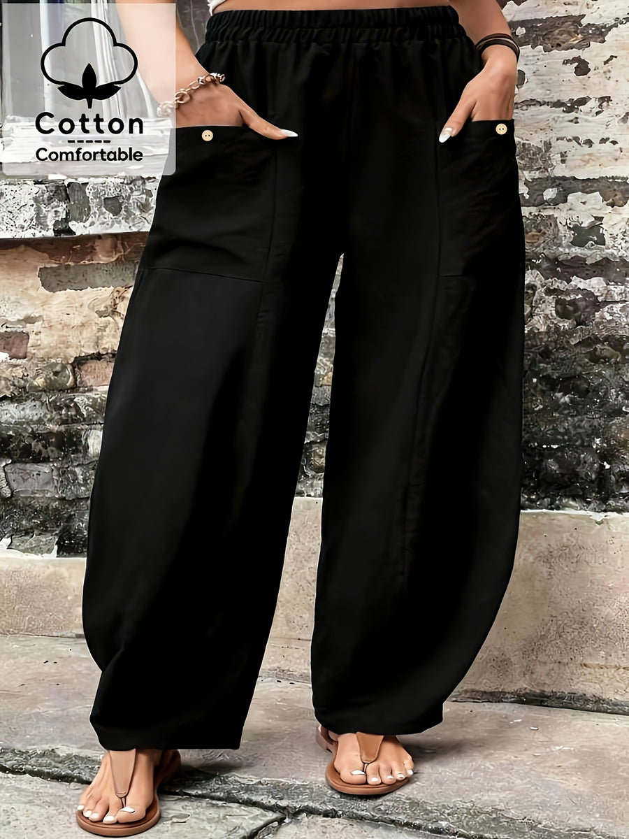 Plus Size, Plus Size Stylish Women's Solid Color Casual Pants, Elastic High Waist with Pockets, Loose Wide-Leg Trousers, Versatile Pants for Commuting and Vacation - Black