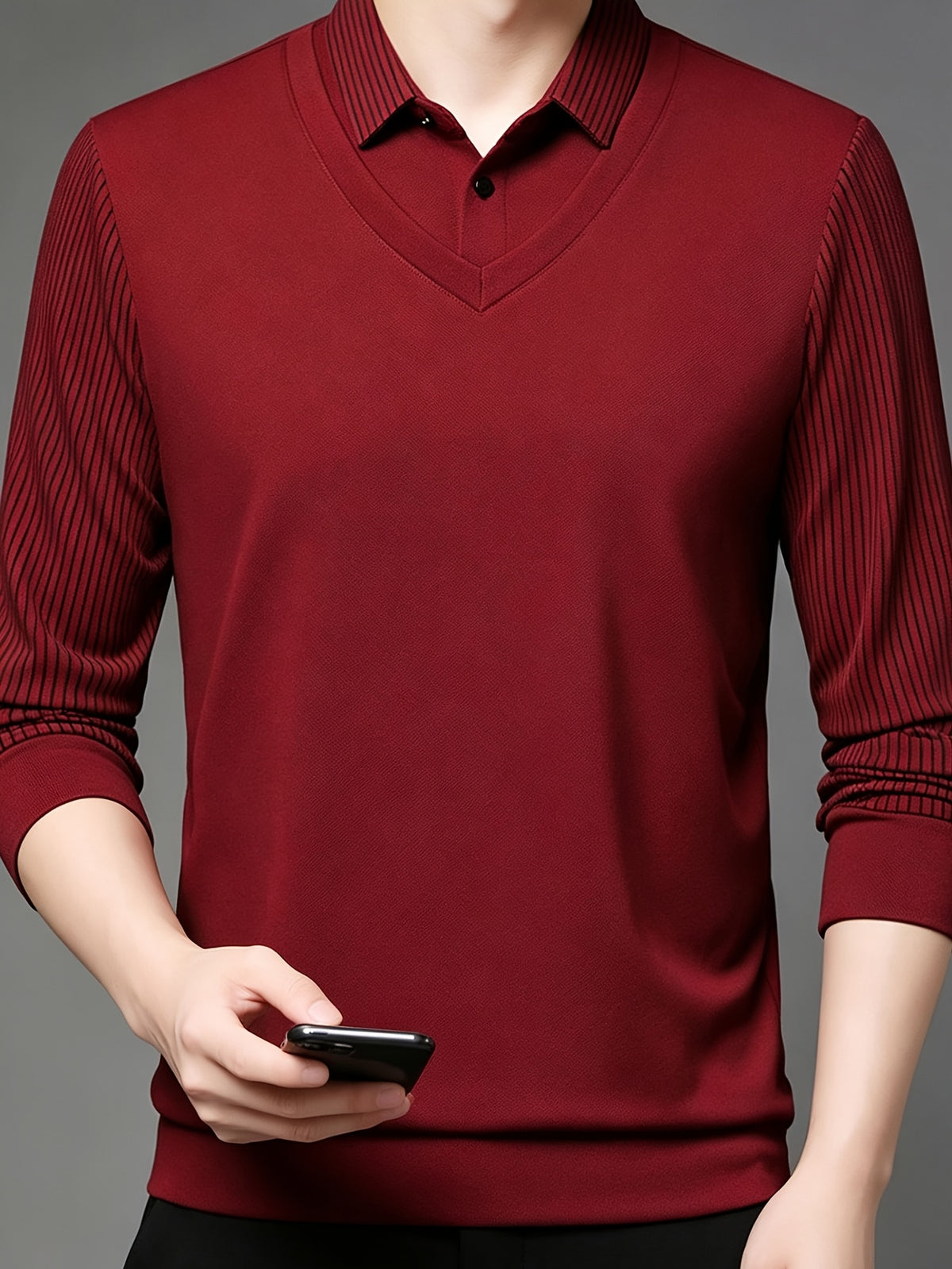 Men'S Shirt Collar Faux Two-Piece Polo Sweater, Suitable for Middle-Aged Men, Commute And Business Gatherings - SINBOS, Knit - Red