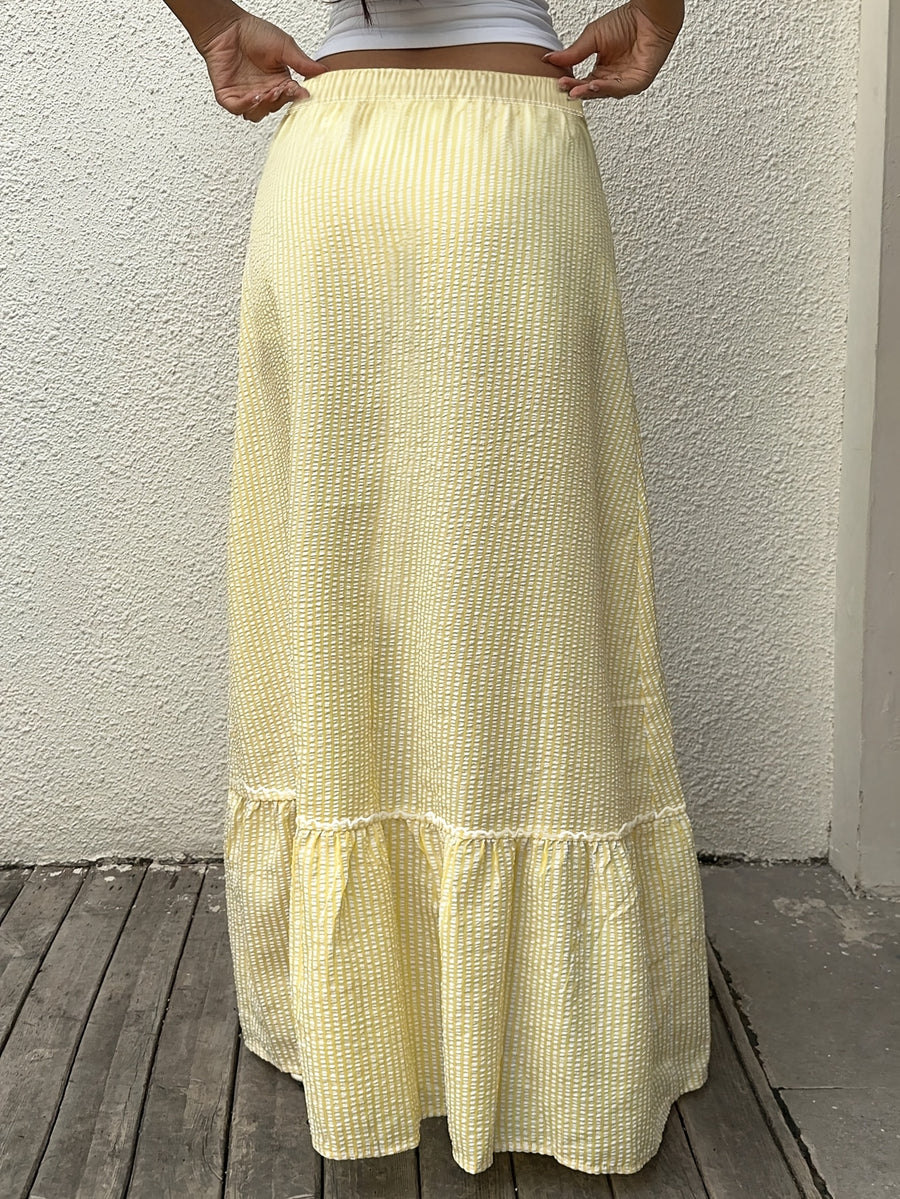 Women'S Midi Skirt, Fashionable, Elegant And Casual Women'S High-Waisted A-Line Long Midi Skirt, Striped Print Element, Light And Inelastic Fabric, High-Waisted High-Elastic Elastic Waistband Design, Suitable for Vacation, Dating, Commuting - Yellow