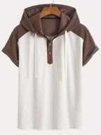Men'S Fashion Classic Color-Blocked Corduroy Hooded Half-Button Design Suitable for Daily Casual Wear, Easy And Stylish for Outings, Commuting, And Street Trends, New Short-Sleeve Hoodie for Summer - Apricot