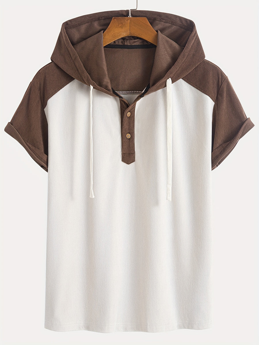 Men'S Fashion Classic Color-Blocked Corduroy Hooded Half-Button Design Suitable for Daily Casual Wear, Easy And Stylish for Outings, Commuting, And Street Trends, New Short-Sleeve Hoodie for Summer - Apricot
