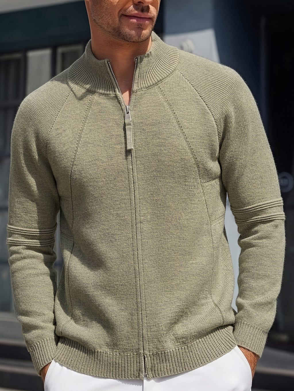 Men'S Knit Cardigan Autumn Winter Double-Headed Zipper Thickened Jacket Fashion Casual All-Match Stand Collar Sweater - Green