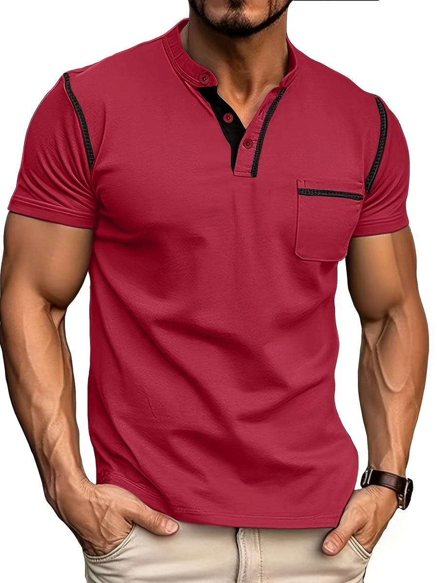 2025 Summer New Arrival Men's Color-Block Striped Short-Sleeve Henley Shirt, Cool and Breathable - Red