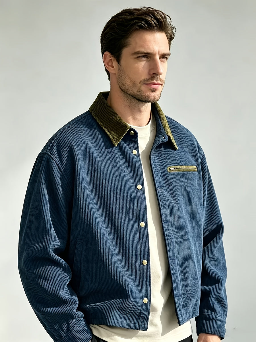 Men'S Corduroy Jacket, Autumn Winter Style Retro Workwear Trendy Versatile Coat, Casual All-Match Lapel Top, Solid Color Long Sleeve Jacket Men'S Clothing - Blue