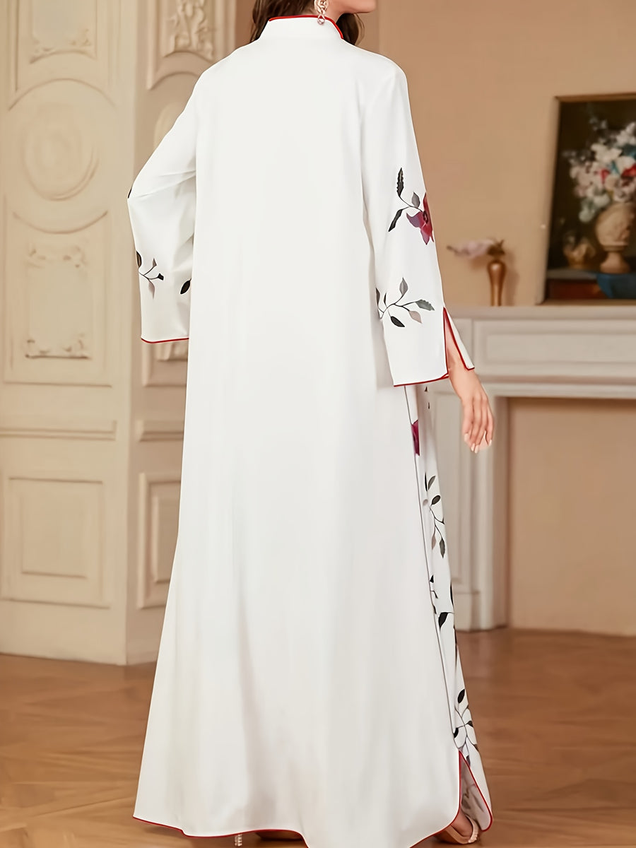 Middle Eastern Special Women's Floral Print Long Sleeve Simple Casual Long Arab Kaftan, Elegant Turkish Robe - White