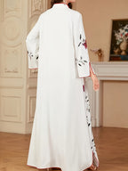 Middle Eastern Special Women's Floral Print Long Sleeve Simple Casual Long Arab Kaftan, Elegant Turkish Robe - White