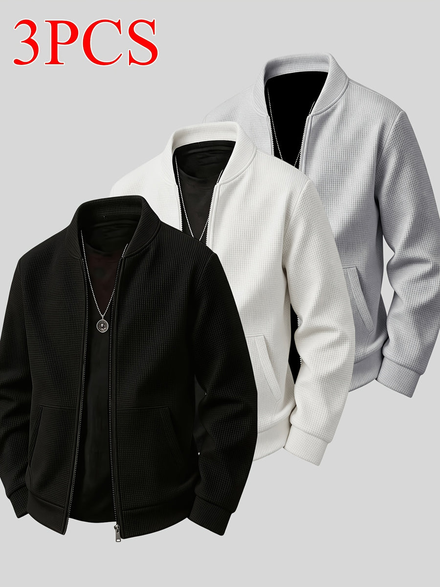 [Qiaoximei OBM] Spring/Autumn Men'S Solid Texture Small Waffle Fabric Jacket 3pcs Set, Versatile Comfortable Casual Fashion Men'S Top Outerwear, Best Men'S Holiday Gift - Black+white+khaki