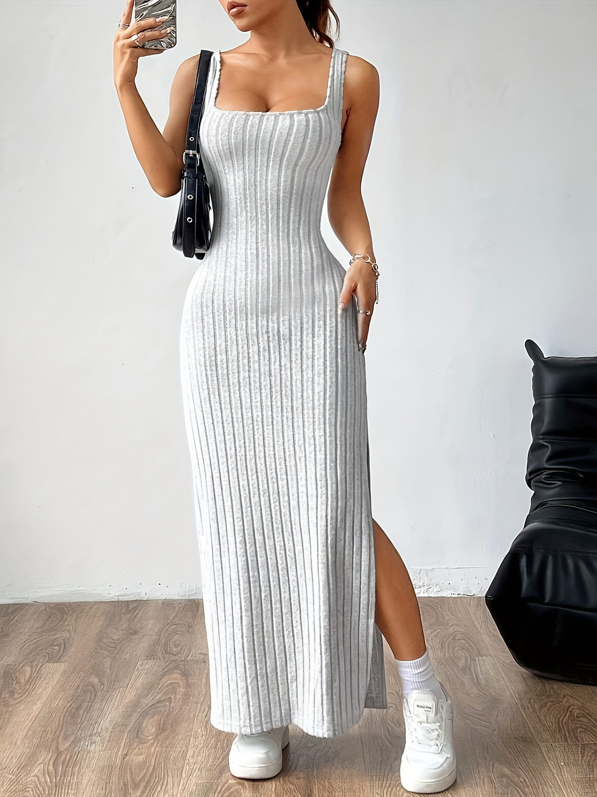 Women'S Fashion Backless Slit Dress - Grey