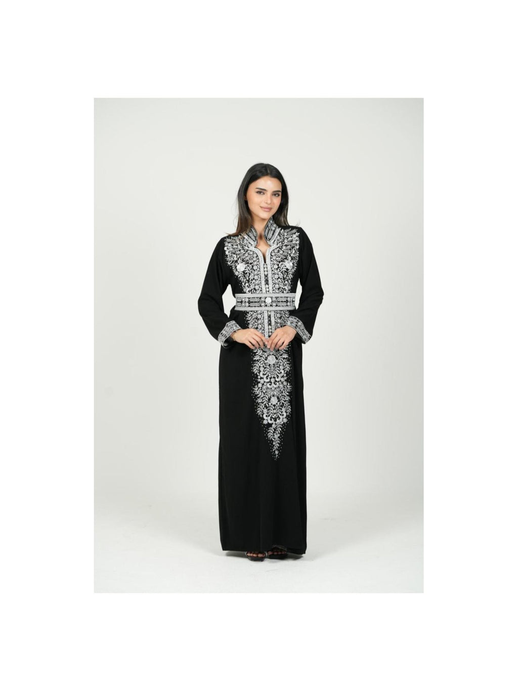 Women'S Belted Embroidered Jalabiya Dress - Abaya, a Women'S Jalabiya Dress Embroidered with a Belt Around The Waist. - Black