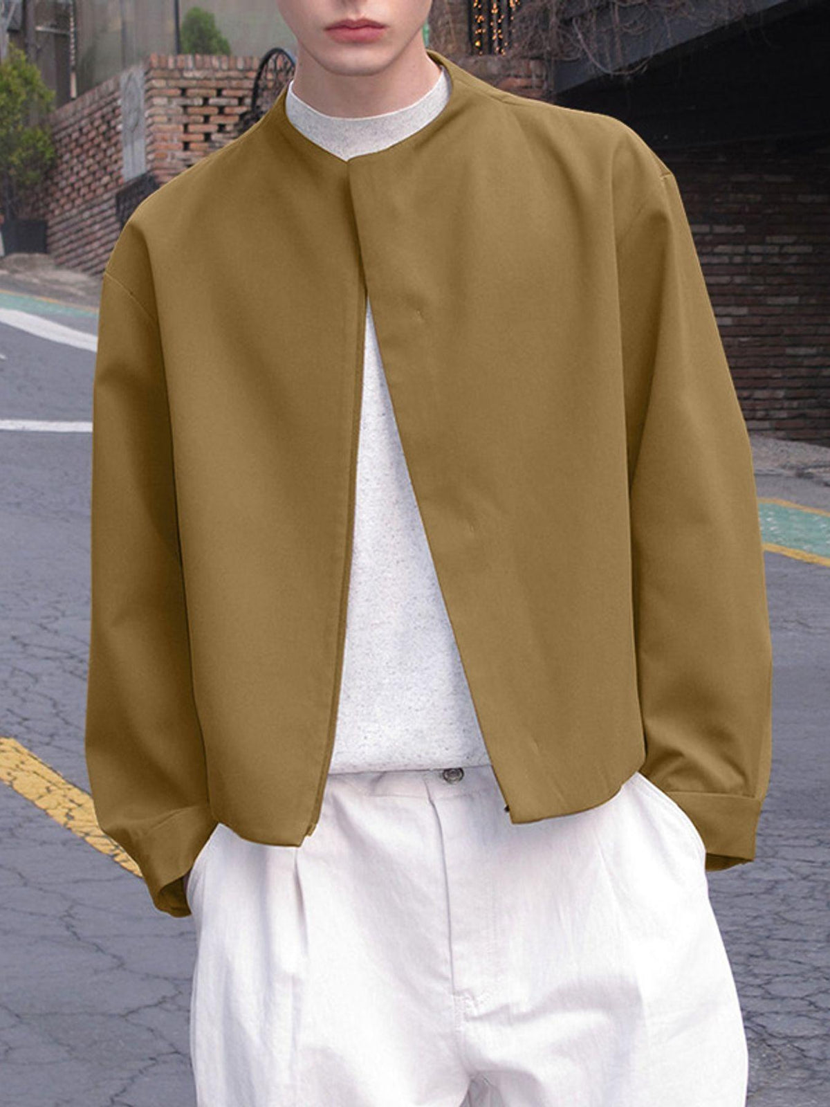 Men Casual Tops Solid Long Sleeve Crew Neck Zip-up Loose Thin Outdoor Formal Work Leisure Shirt, Chinese Size, Please Check The Size Guide Carefully - Khaki