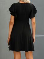 Elegant A-Line Dress with Ruffle Short Sleeve & High-Waist Fit - Knee-Length Dress for Date Night, Commuting, Weddings - Spring Summer Fall Wedding Guest Dress, Solid Black Dress (No underpinns Needed) - Hand Washable Medium - Black