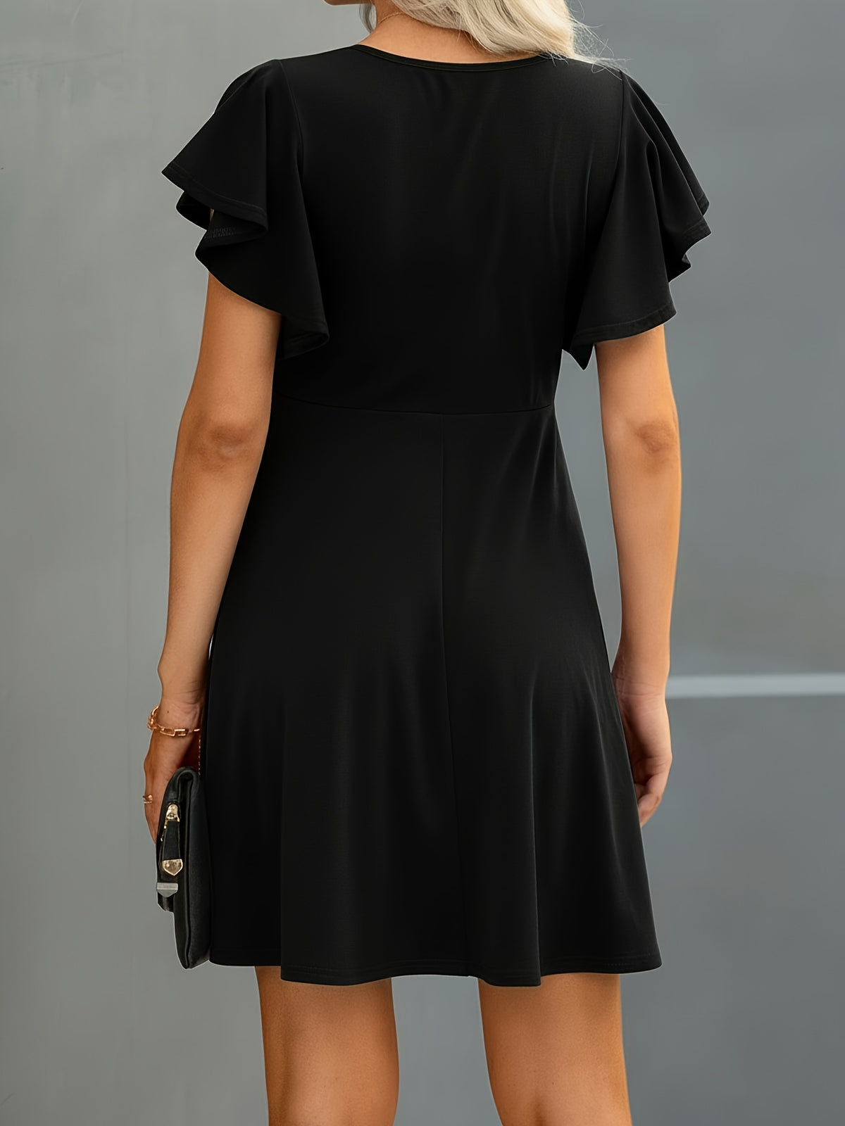 Elegant A-Line Dress with Ruffle Short Sleeve & High-Waist Fit - Knee-Length Dress for Date Night, Commuting, Weddings - Spring Summer Fall Wedding Guest Dress, Solid Black Dress (No underpinns Needed) - Hand Washable Medium - Black