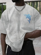 Men's American Tie-Dye Short Sleeve Street Style Shark Print Tie-Dye T-Shirt - White and Grey
