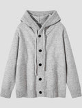 Hooded Knit Cardigan Men'S Autumn Winter Loose Casual Drawstring with Hat Sweater Jacket All-Match Single Button Top - White