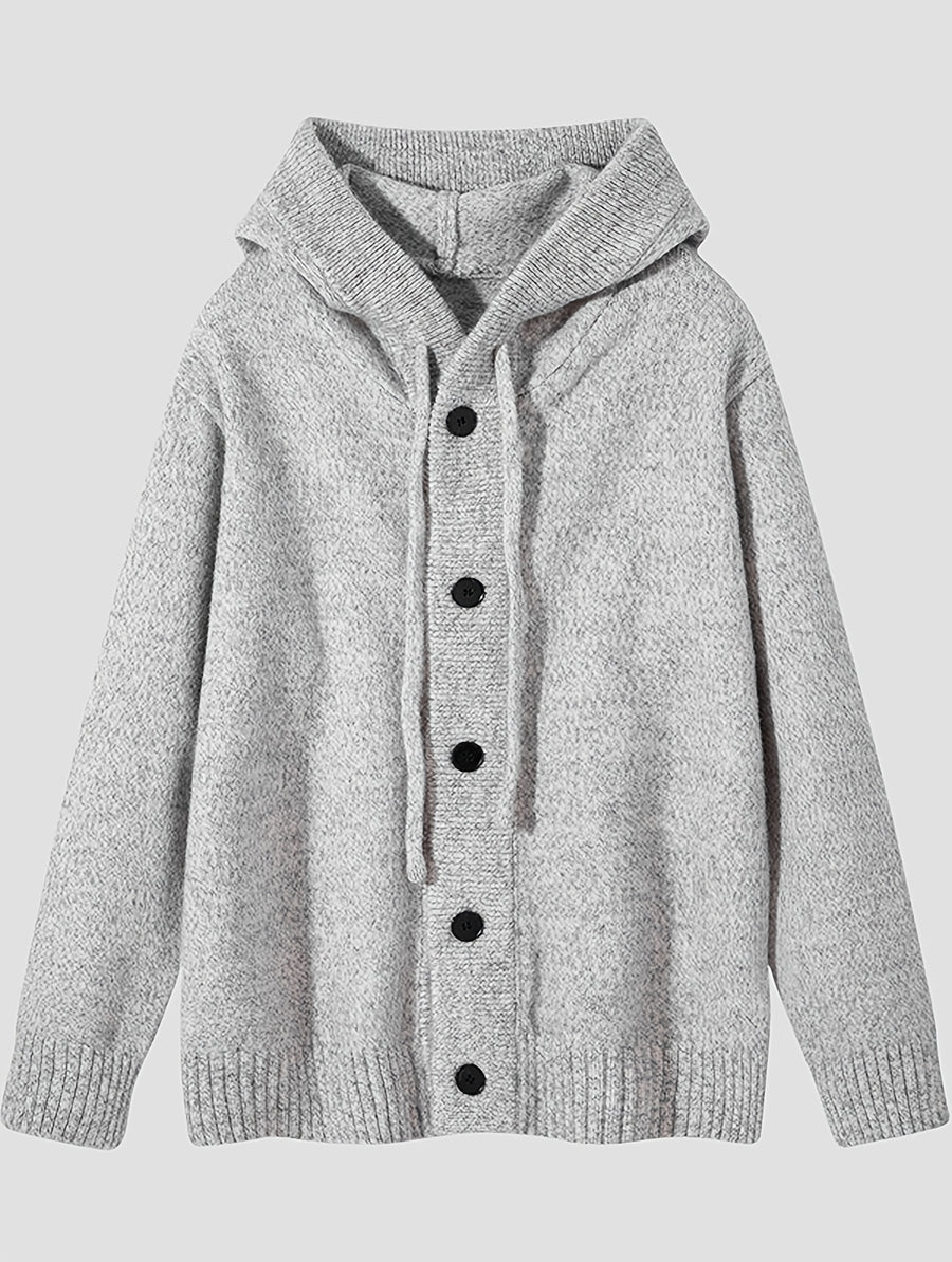 Hooded Knit Cardigan Men'S Autumn Winter Loose Casual Drawstring with Hat Sweater Jacket All-Match Single Button Top - White