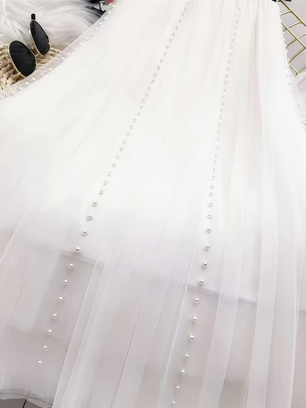 High-Waist Mesh Skirt, New Style Beaded Pleated A-Line Skirt, Solid Color Mesh - White