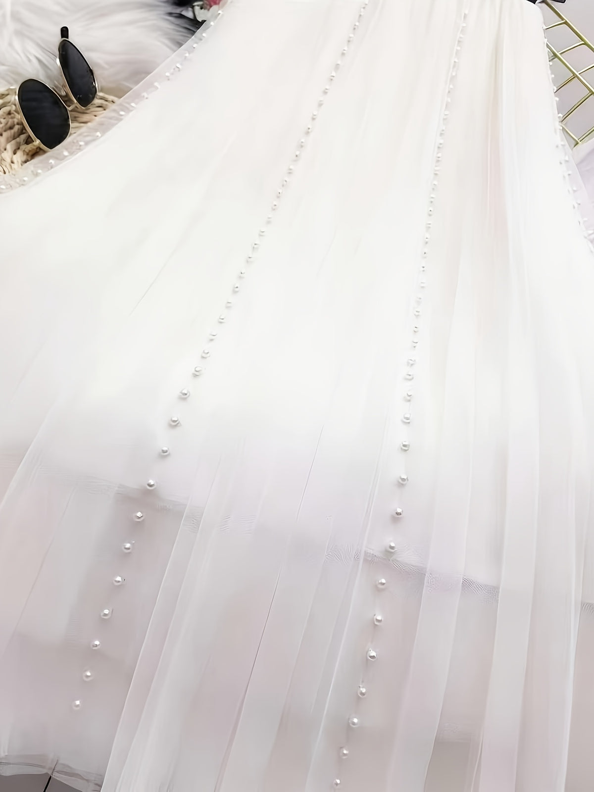 High-Waist Mesh Skirt, New Style Beaded Pleated A-Line Skirt, Solid Color Mesh - White