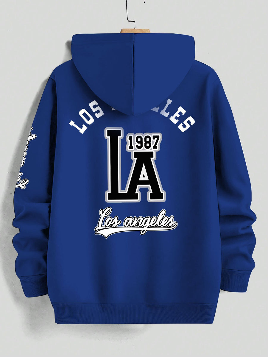 American Vintage Los Angeles Style Hoodie, High Street Fashion LOS ANGELES Trendy Sweatshirt for Men - Blue