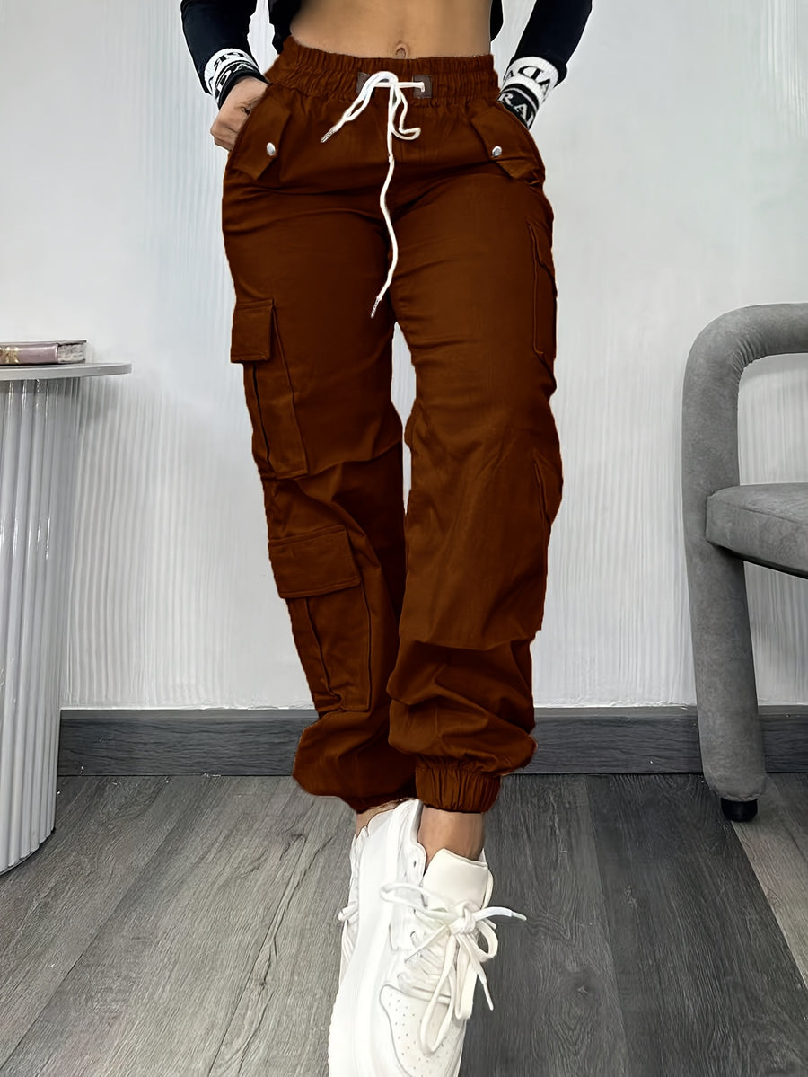 Christmas, Women'S Casual Drawstring Elastic Waist Jogger Pants, Minimalist Design Y2K Street Style Multiple Pockets Spring/Summer - Coffee Brown