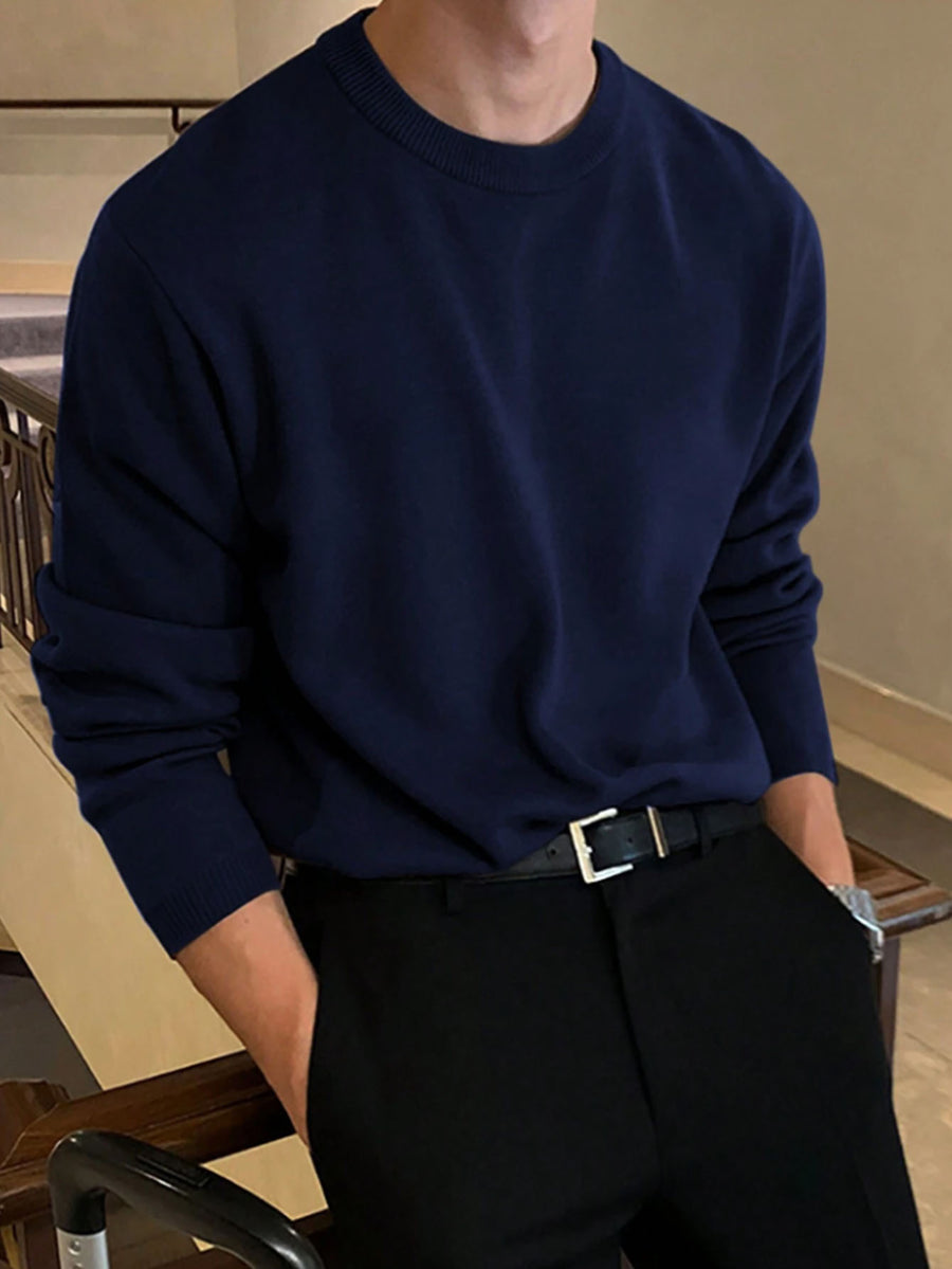 3pcs Men's Crew Neck Knit Sweaters, Autumn/Winter Versatile Solid Color Base Layers, Youth Simple Pullovers - Navy Blue + Black + Military Blue