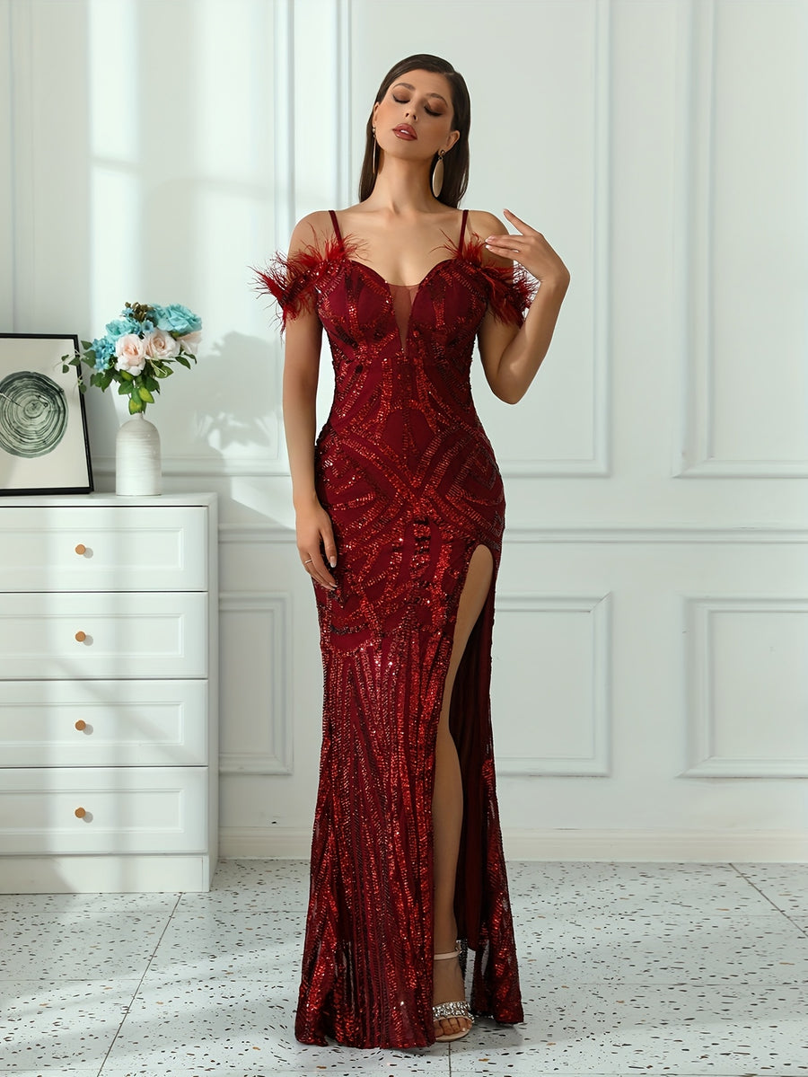 Elegant Evening Dress For Women | V-Neck, Geometric-Pattern, Extra-Long, Details, All-Season - Burgundy
