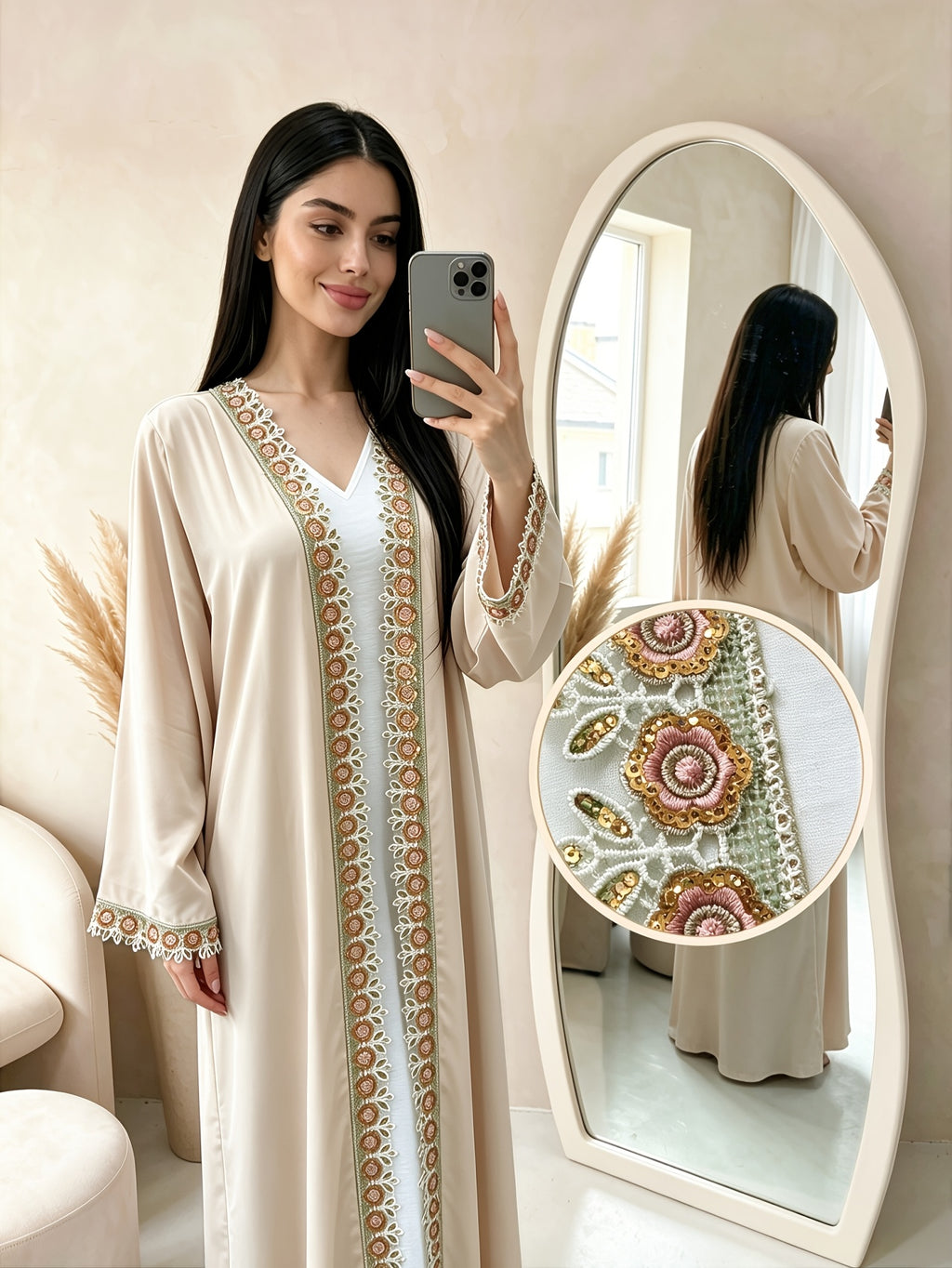 1pc Women's Elegant Modest Abaya Robe - Rhinestone Trim Open Front Muslim Dress with Wide Flare Maxi Length, Suitable for Hajj, Ramadan, Islamic Dress, Dubai Robe Coat, Cardigan Outerwear - Apricot
