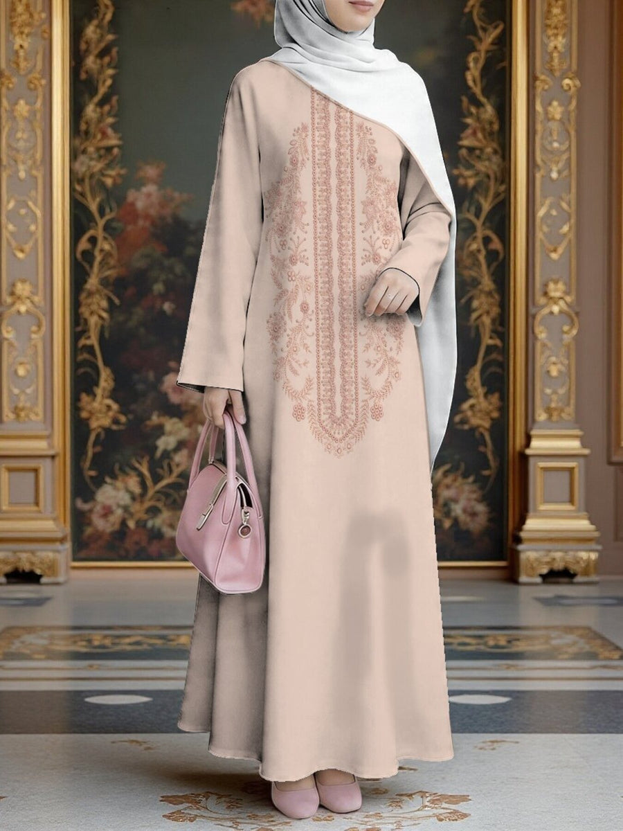 New Middle Eastern Style Muslim Elegant Robe, Gentle Nude Base with Large Light Brown Vintage Ethnic Digital Print on the Chest, Women's Muslim Robe, Non-Embroidered, Delicate Low-Saturation Color Palette, Long Sleeves, Straight Cut with Wide Hem - Mixed colors