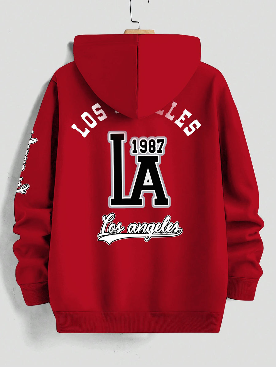 American Vintage Los Angeles Style Hoodie, High Street Fashion LOS ANGELES Trendy Sweatshirt for Men - Red