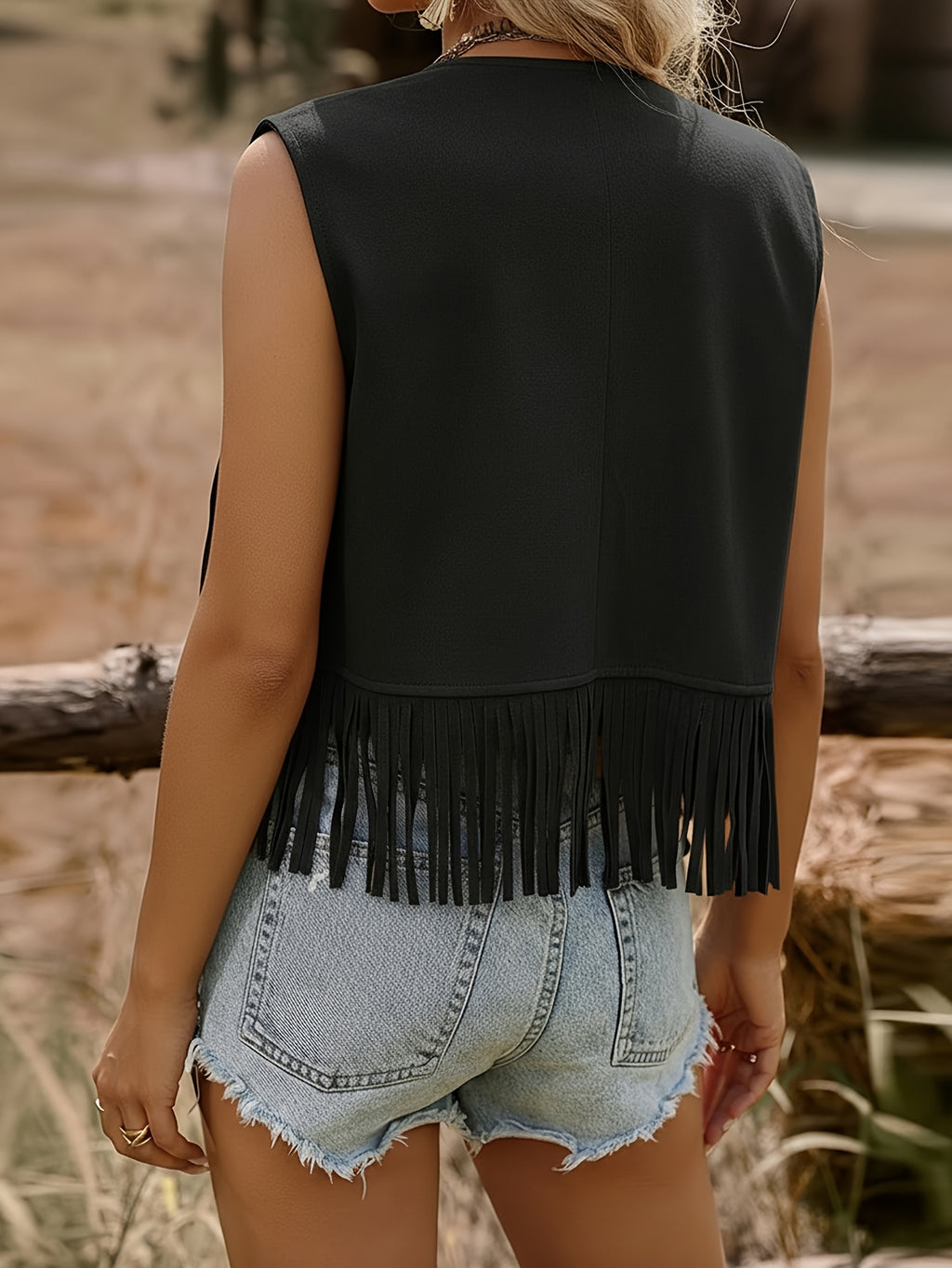 Women'S Casual Solid Color Edge Detail Tassel Vest - Black