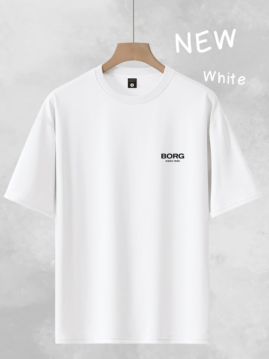 Men's Trendy Loose-Fit Crew Neck T-Shirt, Casual Daily Short-Sleeve Tee, BORG 1956 Vintage Letter Print, Simple and  Versatile Top, Suitable as a Gift - White